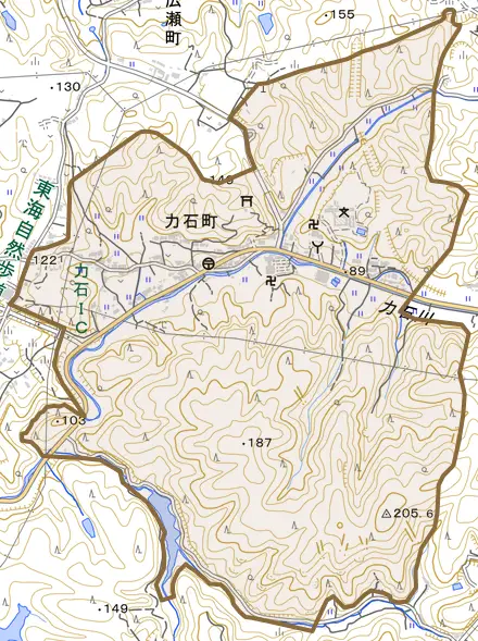 力石町とその周辺の地図。町の範囲を重ねている
