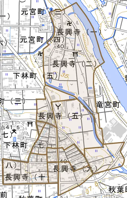 長興寺とその周辺の地図。町の範囲を重ねている