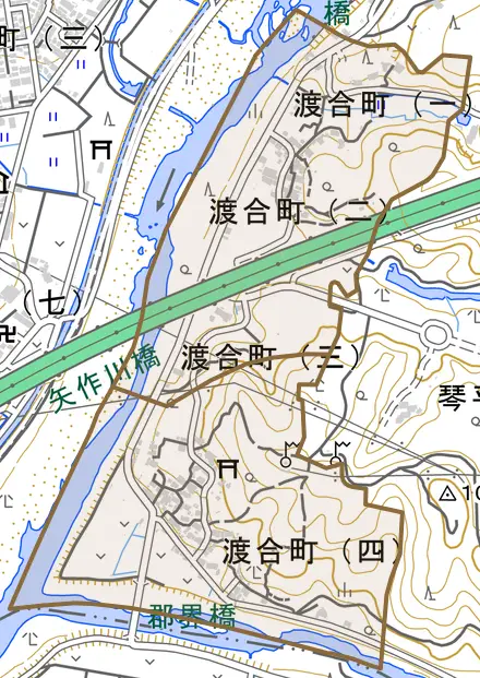 渡合町とその周辺の地図。町の範囲を重ねている