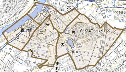 百々町とその周辺の地図。町の範囲を重ねている