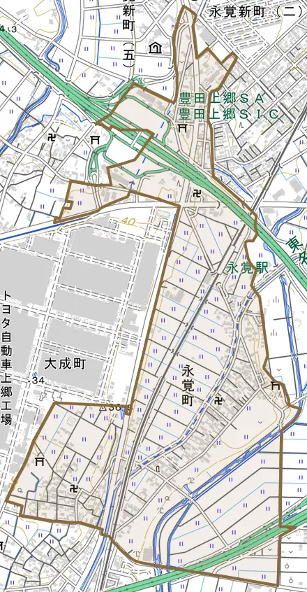 永覚町とその周辺の地図。町の範囲を重ねている