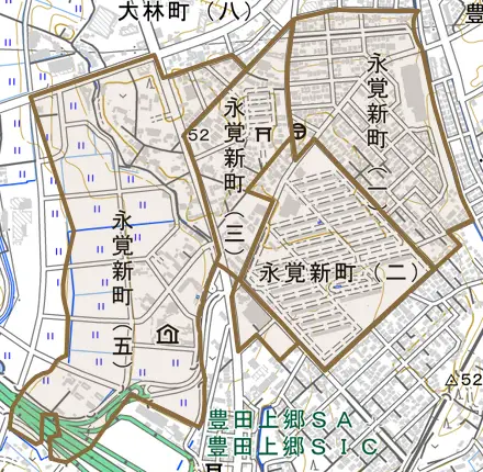 永覚新町とその周辺の地図。町の範囲を重ねている