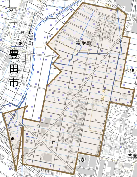福受町とその周辺の地図。町の範囲を重ねている