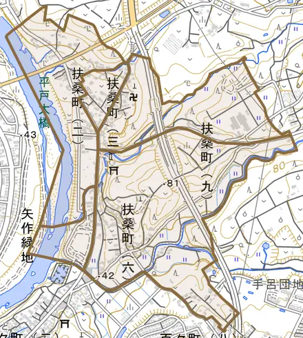扶桑町とその周辺の地図。町の範囲を重ねている