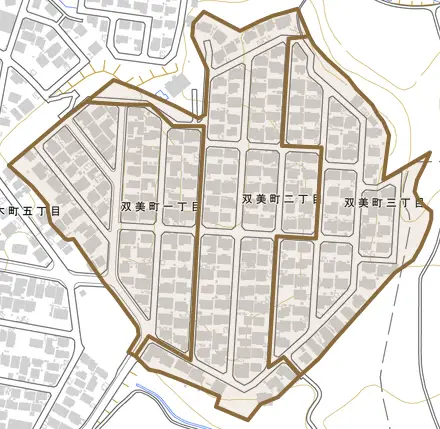 双美町とその周辺の地図。町の範囲を重ねている