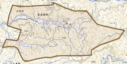 五反田町とその周辺の地図。町の範囲を重ねている