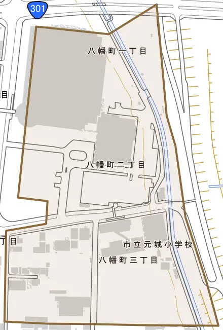 八幡町とその周辺の地図。町の範囲を重ねている