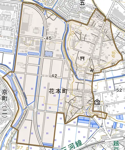 花本町とその周辺の地図。町の範囲を重ねている