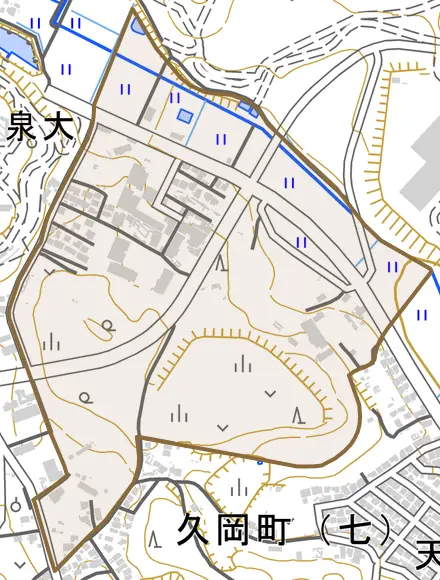 花丘町とその周辺の地図。町の範囲を重ねている