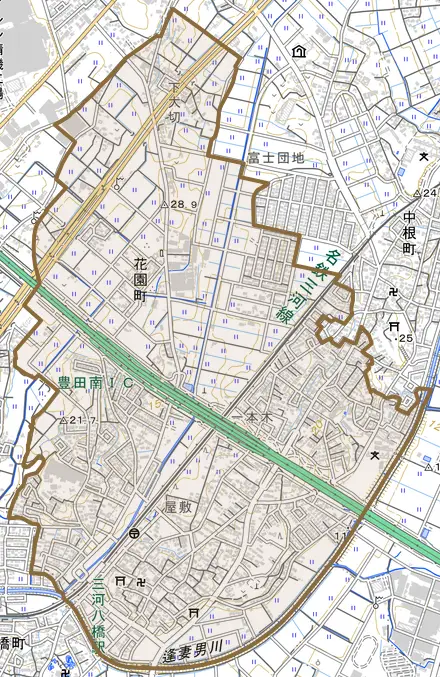 花園町とその周辺の地図。町の範囲を重ねている