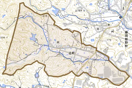 迫町とその周辺の地図。町の範囲を重ねている