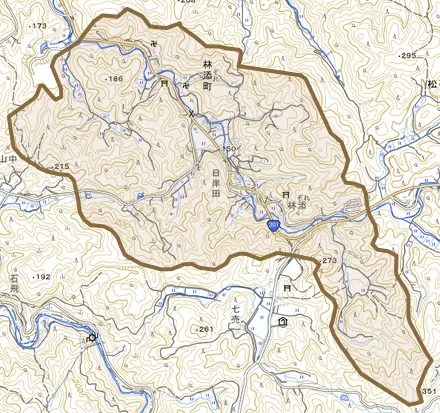 林添町とその周辺の地図。町の範囲を重ねている