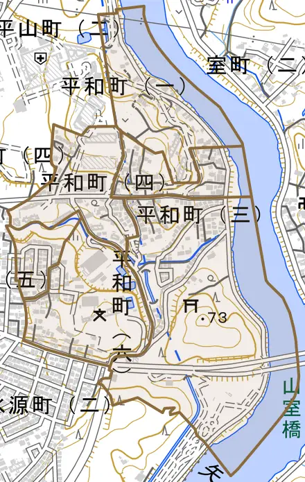 平和町とその周辺の地図。町の範囲を重ねている