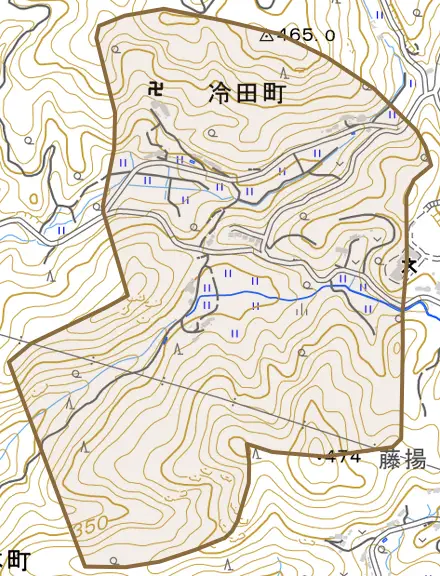 冷田町とその周辺の地図。町の範囲を重ねている