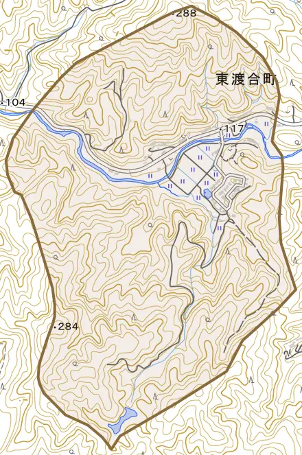 東渡合町とその周辺の地図。町の範囲を重ねている