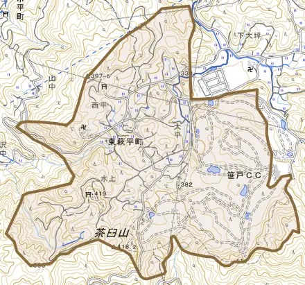 東萩平町とその周辺の地図。町の範囲を重ねている