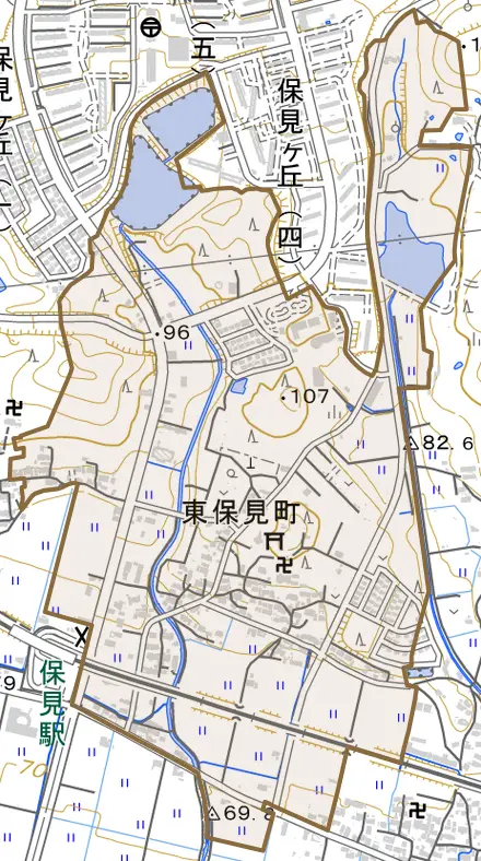 東保見町とその周辺の地図。町の範囲を重ねている