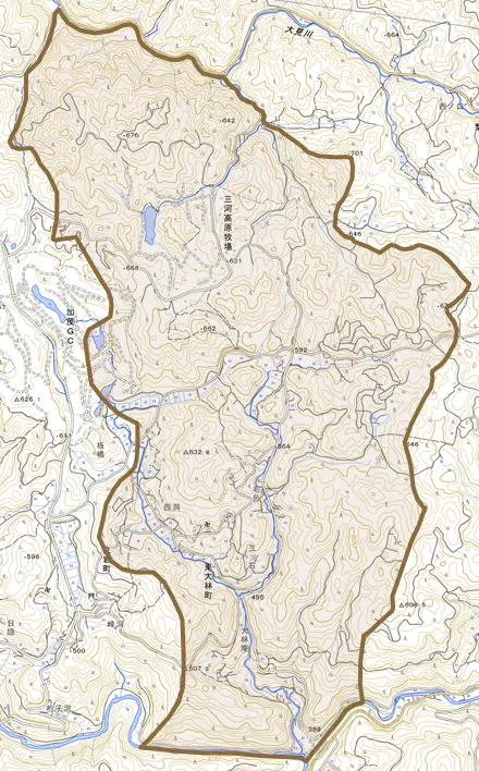 東大林町とその周辺の地図。町の範囲を重ねている