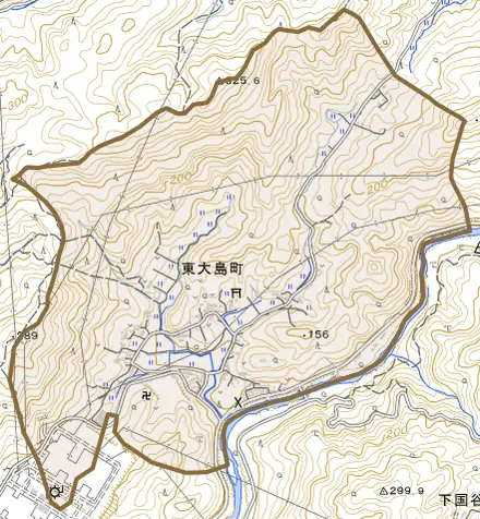 東大島町とその周辺の地図。町の範囲を重ねている