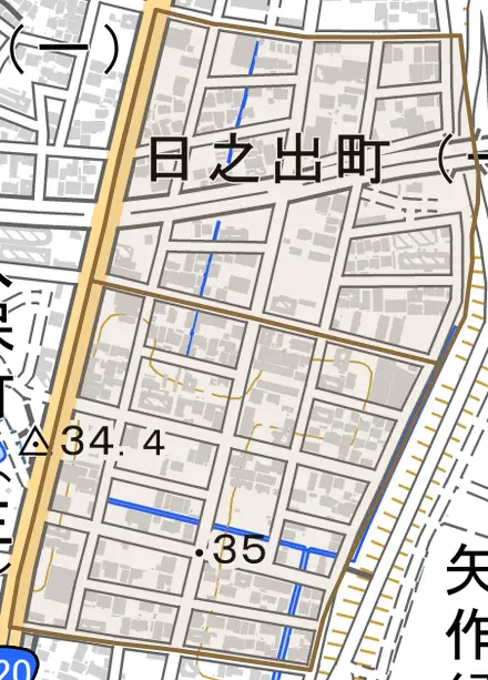 日之出町とその周辺の地図。町の範囲を重ねている