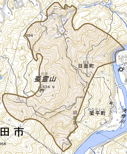 日面町とその周辺の地図。町の範囲を重ねている