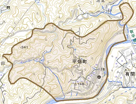 平畑町とその周辺の地図。町の範囲を重ねている