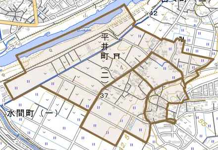 平井町とその周辺の地図。町の範囲を重ねている