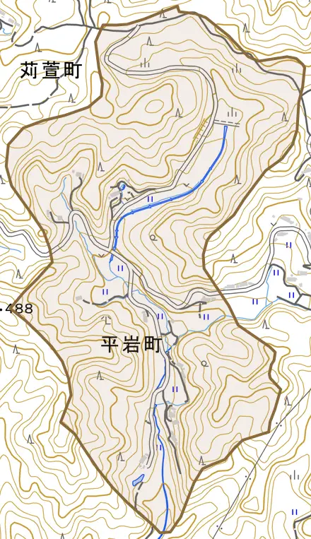 平岩町とその周辺の地図。町の範囲を重ねている