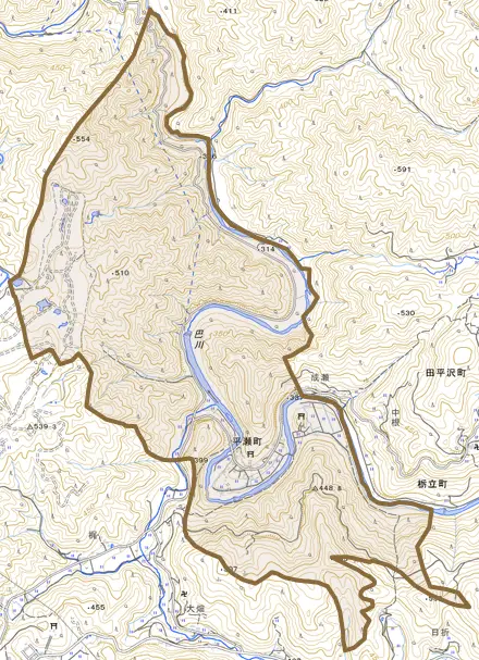 平瀬町とその周辺の地図。町の範囲を重ねている