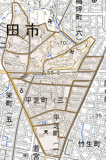 平芝町とその周辺の地図。町の範囲を重ねている