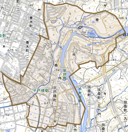 平戸橋町とその周辺の地図。町の範囲を重ねている
