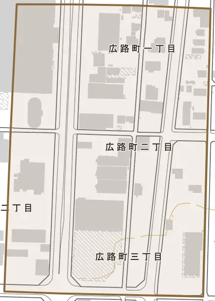広路町とその周辺の地図。町の範囲を重ねている