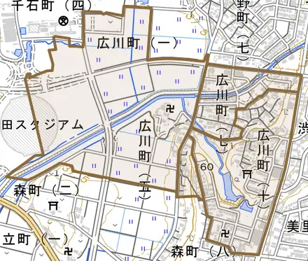 広川町とその周辺の地図。町の範囲を重ねている