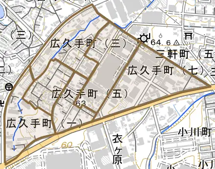 広久手町とその周辺の地図。町の範囲を重ねている