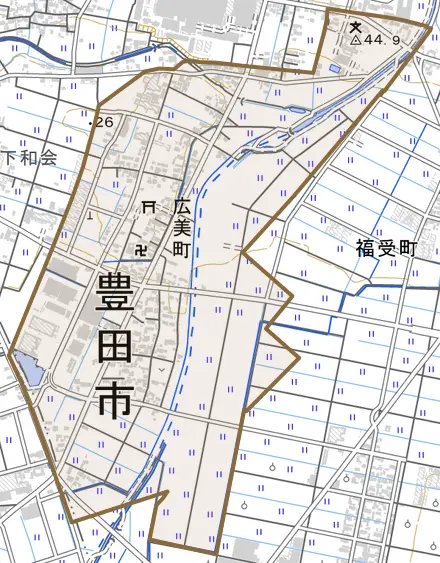 広美町とその周辺の地図。町の範囲を重ねている