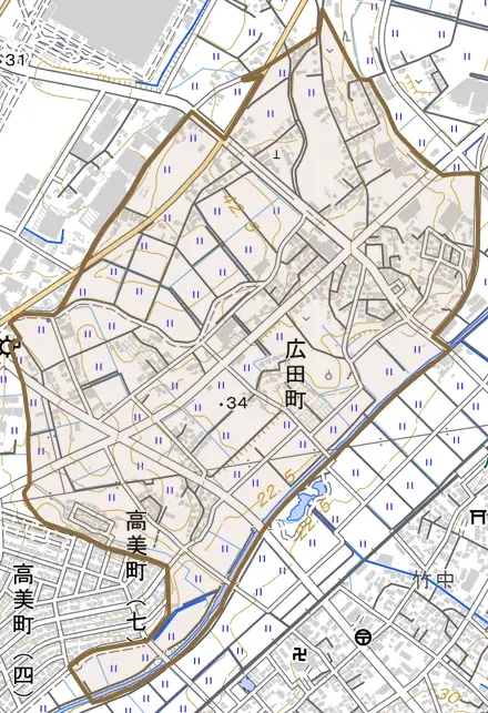広田町とその周辺の地図。町の範囲を重ねている