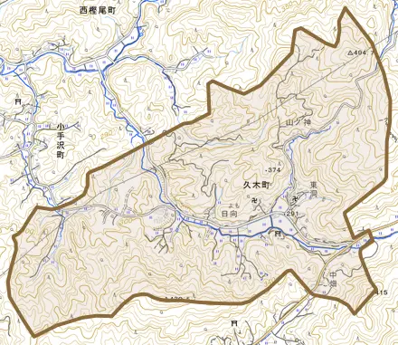 久木町とその周辺の地図。町の範囲を重ねている