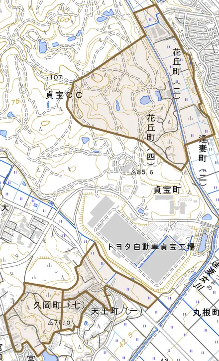 久岡町とその周辺の地図。町の範囲を重ねている
