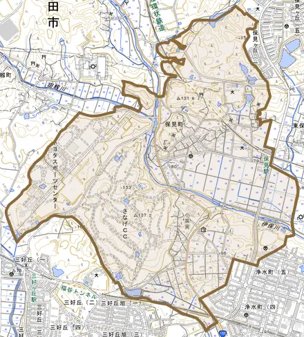 保見町とその周辺の地図。町の範囲を重ねている