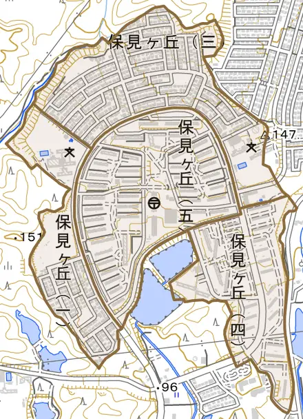 保見ケ丘とその周辺の地図。町の範囲を重ねている