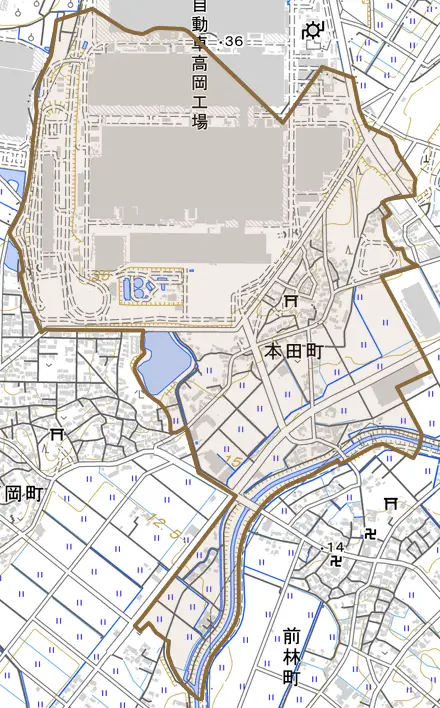本田町とその周辺の地図。町の範囲を重ねている