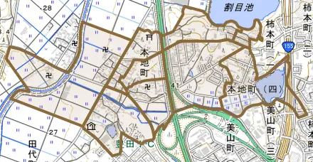 本地町とその周辺の地図。町の範囲を重ねている