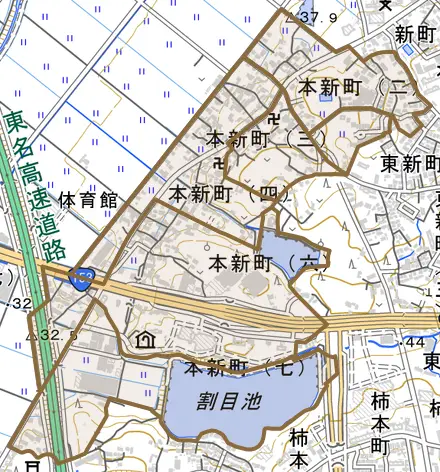 本新町とその周辺の地図。町の範囲を重ねている