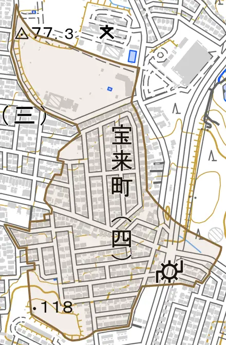 宝来町とその周辺の地図。町の範囲を重ねている