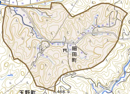 細田町とその周辺の地図。町の範囲を重ねている