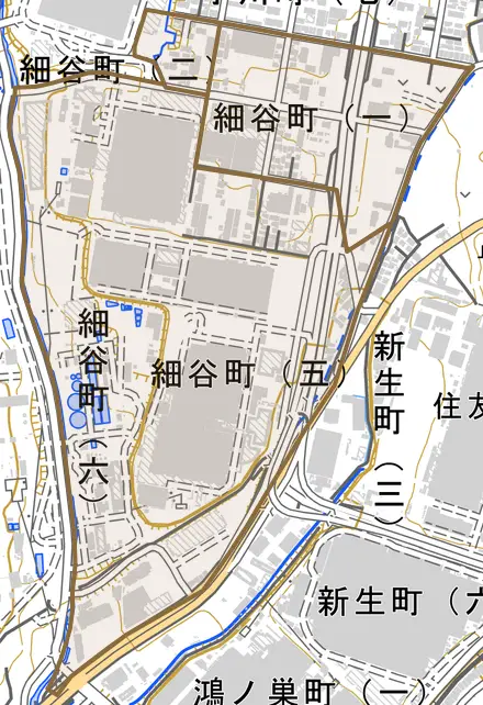 細谷町とその周辺の地図。町の範囲を重ねている