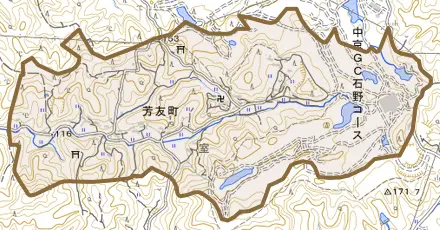 芳友町とその周辺の地図。町の範囲を重ねている