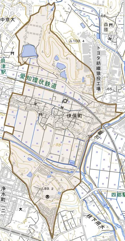伊保町とその周辺の地図。町の範囲を重ねている