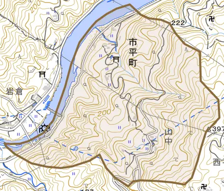 市平町とその周辺の地図。町の範囲を重ねている