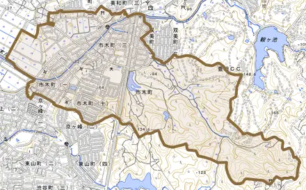 市木町とその周辺の地図。町の範囲を重ねている